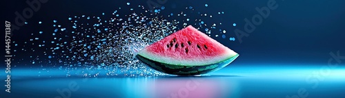 Obraz na płótnie A slice of watermelon with water droplets against a blue backdrop w salonie