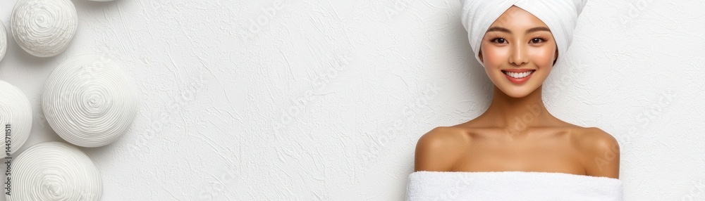 Beautiful woman in white spa attire smiling at the viewer