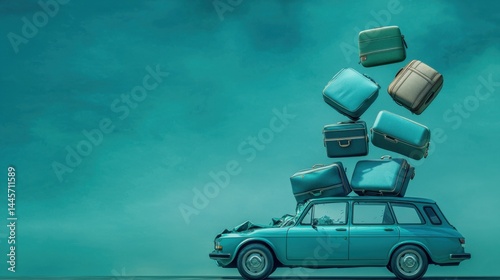 Vintage blue station wagon with flying suitcases and travel bags on roof rack against turquoise sky background, nostaic travel theme, outdoor adventure scene