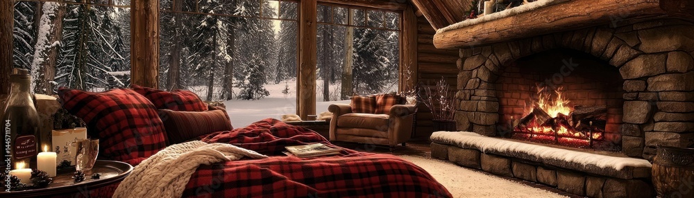 Cozy winter cabin interior with a fireplace and snowy view