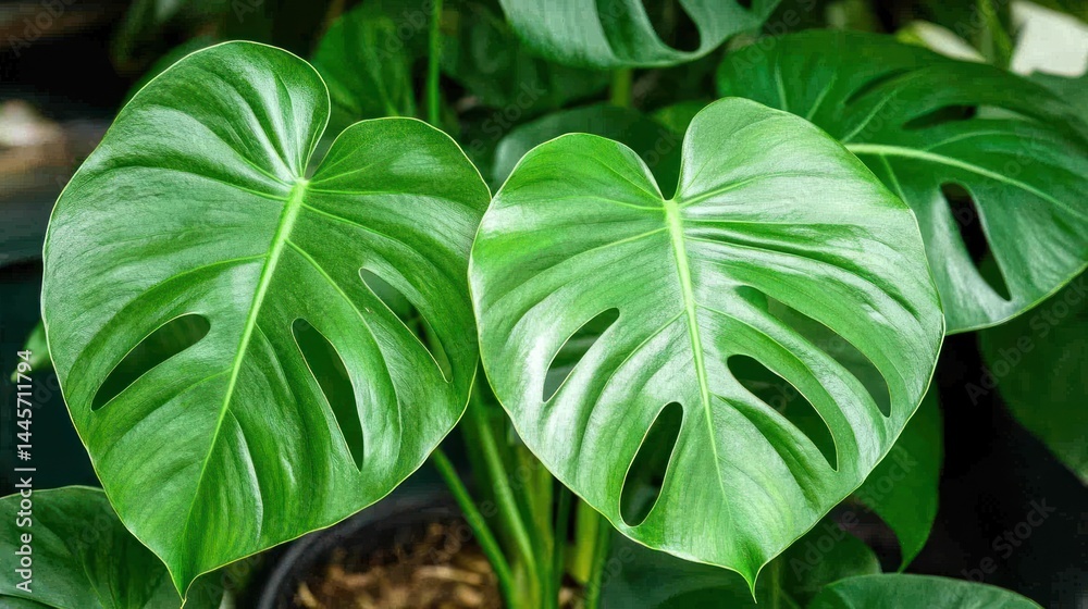 Close up of green tropical plant leaves with holes details