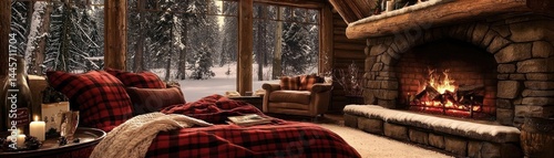 Obraz na płótnie Cozy winter cabin interior with a fireplace and snowy view w salonie