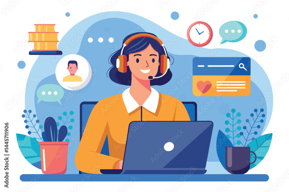 Fototapeta premium A focused woman in a yellow shirt and headset engages with clients from her laptop, surrounded by plants and digital communication icons, illustrating modern work dynamics.