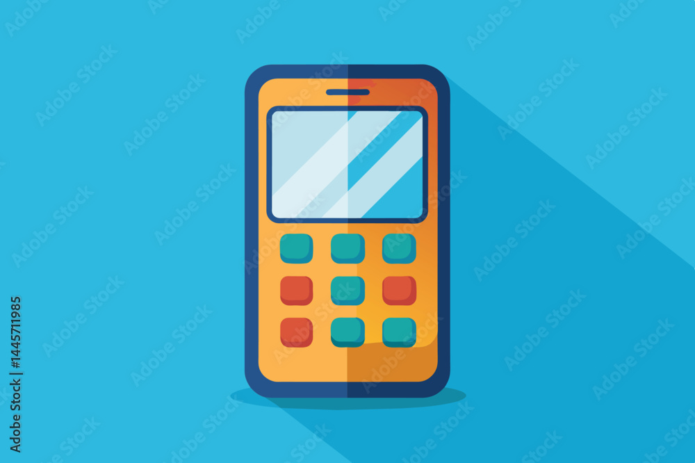 This illustration features a vibrant mobile phone design with a keypad, showcasing a modern and simplistic style that stands out against a blue backdrop. This illustration features a vibrant mobile phone design with a keypad, showcasing a modern and simplistic style that stands out against a blue backdrop.