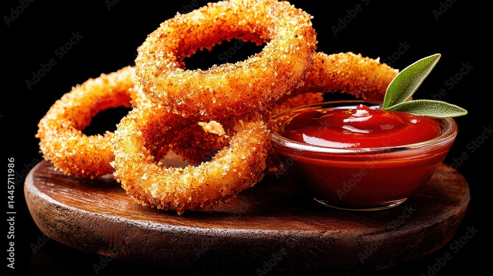 Crispy golden onion rings arranged near a red dipping sauce