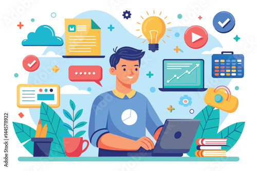 A young professional engages with a laptop while various digital icons float around him, showcasing tools for organization and innovation in a creative workspace.
