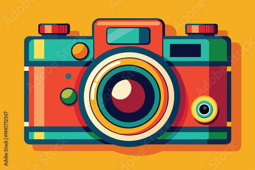 A bright, artistic camera illustration features a vivid design with bold colors, emphasizing its retro style and unique craftsmanship in a lively setting.