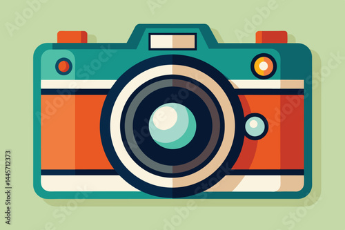 A vibrant illustration of a vintage camera showcasing its circular lens and eye-catching colors against a calm green backdrop, perfect for design enthusiasts.