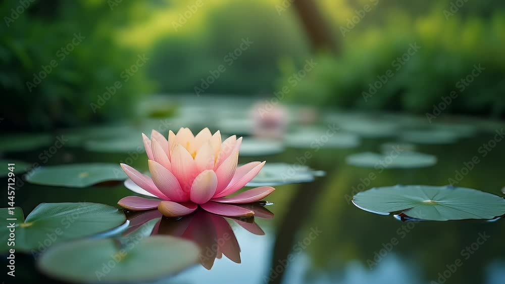 Pink lotus flower in still pond