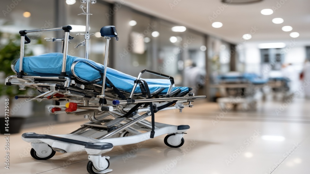 Fototapeta premium Close-up of a blue stretcher in an emergency room setting highlighting medical preparedness and patient care
