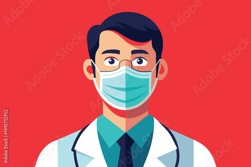 A male healthcare professional is depicted in a lab coat and face mask, standing against a vivid red background, showcasing a confident and caring attitude in a digital artwork.