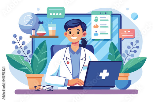 A smiling healthcare professional sits at a desk, analyzing medical data on a laptop surrounded by plants and laboratory tools in a contemporary clinic.