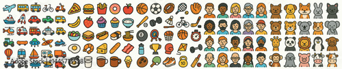 Colorful cartoon vector icon set – transport, food, sport, people, and animals