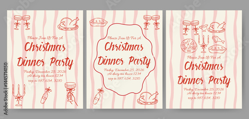 Christmas dinner party invitation card with hand drawn coquette frame and glasses for festive dinners, cocktail parties and holiday gatherings.	