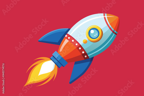 A cheerful rocket launches with vibrant flames against a striking red background, embodying the spirit of adventure and exploration in outer space.