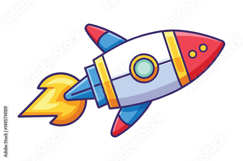 A vibrant cartoon rocket launches into the air, showcasing bright colors and dynamic flames, designed to inspire creativity and adventure in childrens artwork.