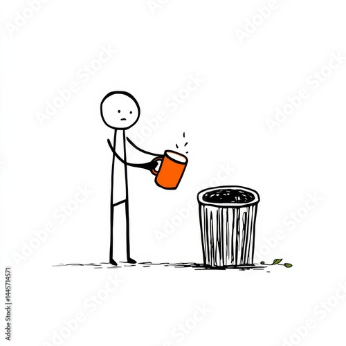 A stick figure contemplates throwing away a mug into a nearby trash bin in a minimalist style.