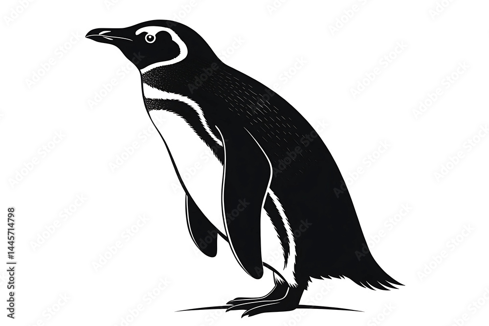 Naklejka premium Elegant Black and White Illustration of a Majestic Penguin Antarctic Wildlife Art Print