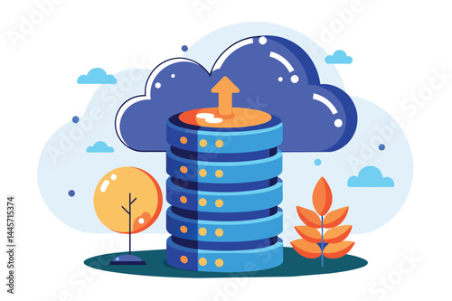A visual representation of cloud storage, showcasing stacked data disks with an upload arrow, set against a bright landscape of trees and stylized clouds.