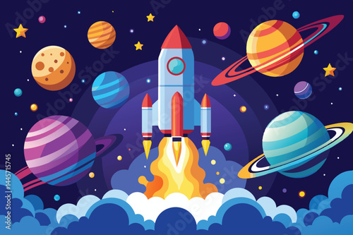 A rocket ascends against a dark blue backdrop filled with various planets and stars, creating an imaginative depiction of space exploration and adventure.