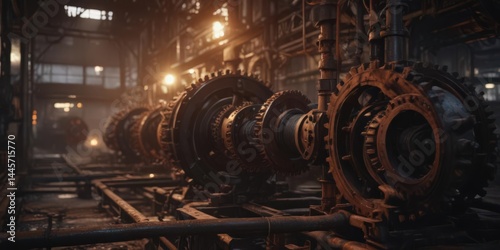 Rusting gears and pipes in a dimly lit factory  , moss, atmosphere, oblivion
