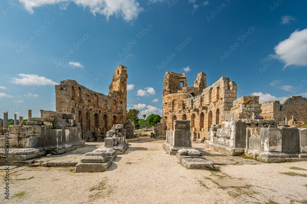Ruins of the Hellenistic City Gate of the Ancient City of Perge (Perga) in Antalya, Turkey Ruins of the Hellenistic City Gate of the Ancient City of Perge (Perga) in Antalya, Turkey