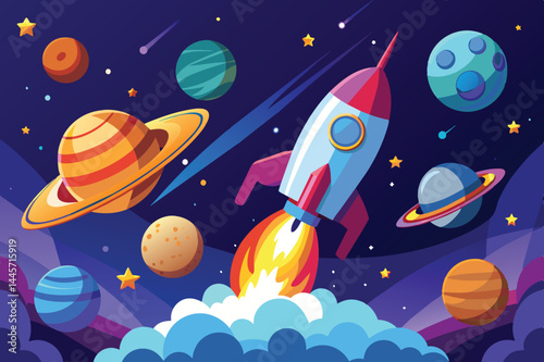 A rocket blasts off through colorful clouds, heading into a vibrant outer space filled with various planets, stars, and celestial bodies.
