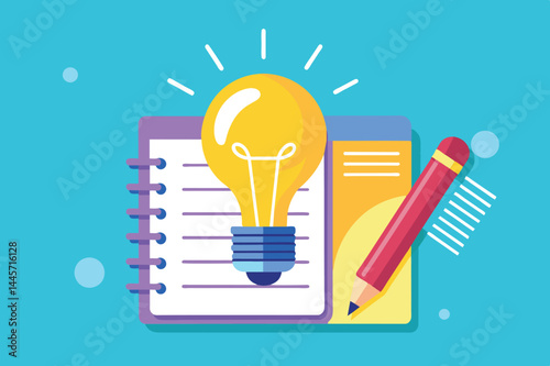 A light bulb shines above an open notebook and pencil, illustrating a moment of inspiration and creative thought against a lively blue backdrop.