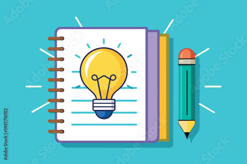 A vibrant notebook with a light bulb illustration symbolizes creativity and ideas, accompanied by a pencil, set against a bright blue background for an inspiring workspace atmosphere.