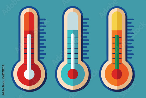 Three distinct thermometers show varying temperature levels using bright colors against a blue backdrop, highlighting temperature variations effectively.