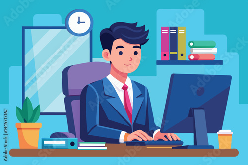 A focused young man types on his computer while seated at a neatly organized desk, surrounded by books, a plant, and a clock displaying the time.
