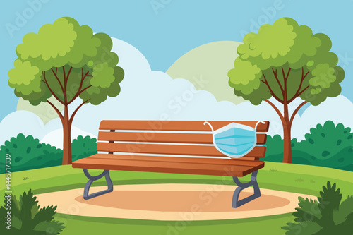 A wooden park bench sits prominently in a peaceful area, flanked by lush green trees, with a face mask placed on it, symbolizing a time of caution and care.
