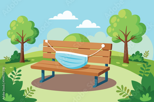 A wooden park bench sits in a vibrant landscape under a clear blue sky, decorated with a blue mask, highlighting the importance of health measures during outdoor gatherings.
