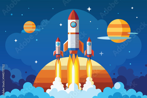 Three rockets are launching into a starry sky, surrounded by vibrant planets, showcasing the excitement of space exploration and the pursuit of knowledge about the universe.