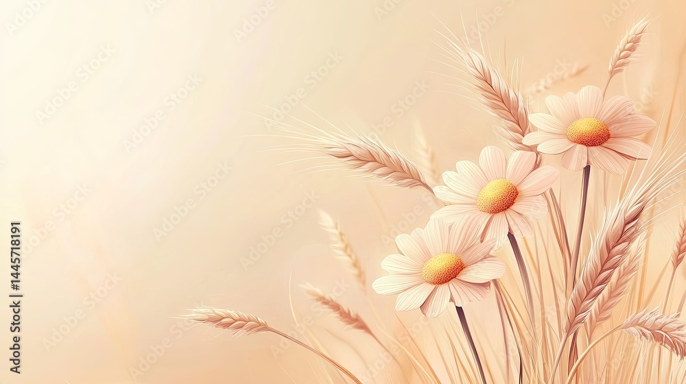 Delicate Floral Arrangement with Wheat on Soft Creamy Background