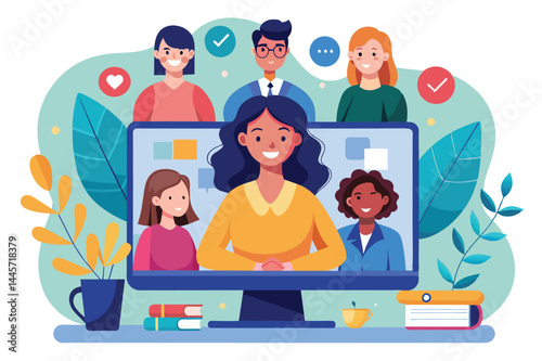 A lively virtual conference features a smiling woman leading the meeting on screen, while diverse participants interact and share ideas in a vibrant online workspace.