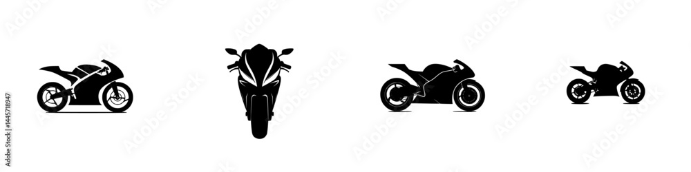 Stylized vector illustration of various motorcycle silhouettes in black and white showing different angles and designs