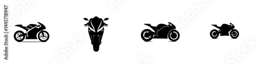 Stylized vector illustration of various motorcycle silhouettes in black and white showing different angles and designs