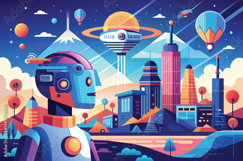 A robot gazes at a dazzling futuristic city with mountains and floating vehicles against a vivid sunset sky, showcasing advanced technology and creativity.