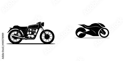 Black and white vector illustration depicting a vintage motorcycle and a modern racing bike contrasting in design and style