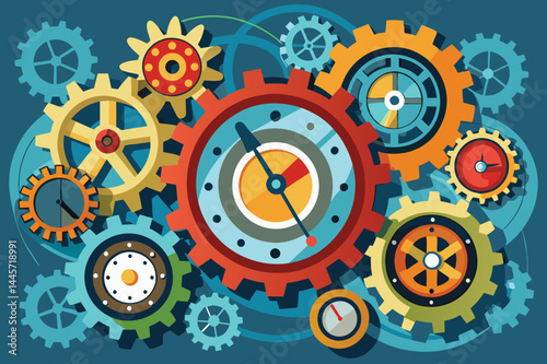 A collection of vibrant gears and cogs interlocking, illustrating the intricate workings of machinery with a clock face at the center, conveying energy and movement.
