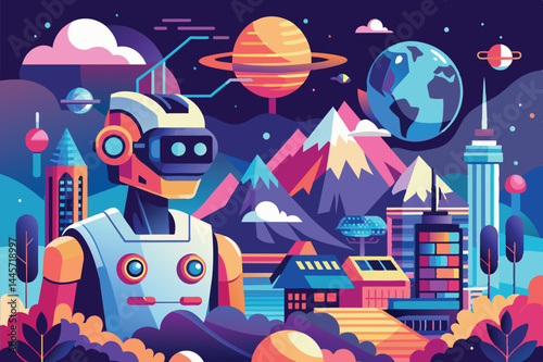 A colorful robot stands amidst a bustling city, with mountains in the backdrop and planets floating in a deep blue sky, creating a blend of nature and technology.