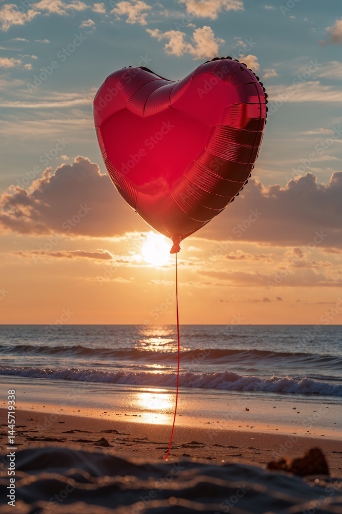 Fototapeta premium Dramatic red heart balloon floating above a sandy beach at sunset with a colorful sky and gentle waves. 