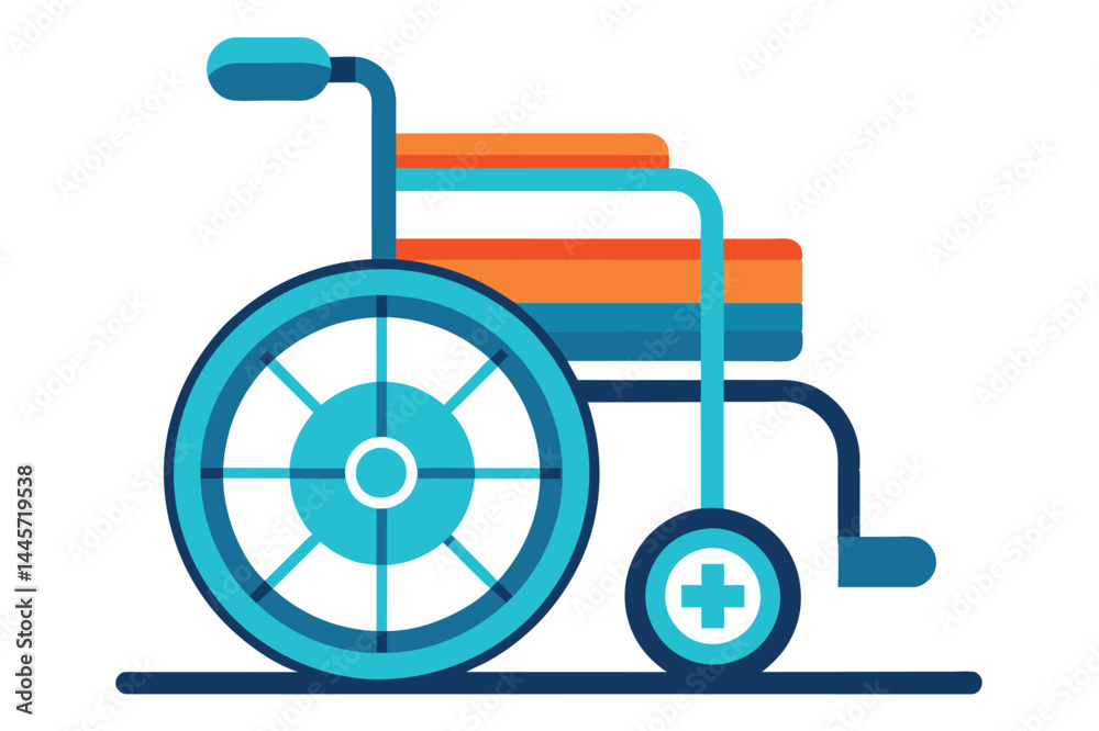 This modern wheelchair features vibrant colors and a medical cross symbol, representing the importance of accessibility and support for individuals with mobility challenges. This modern wheelchair features vibrant colors and a medical cross symbol, representing the importance of accessibility and support for individuals with mobility challenges.