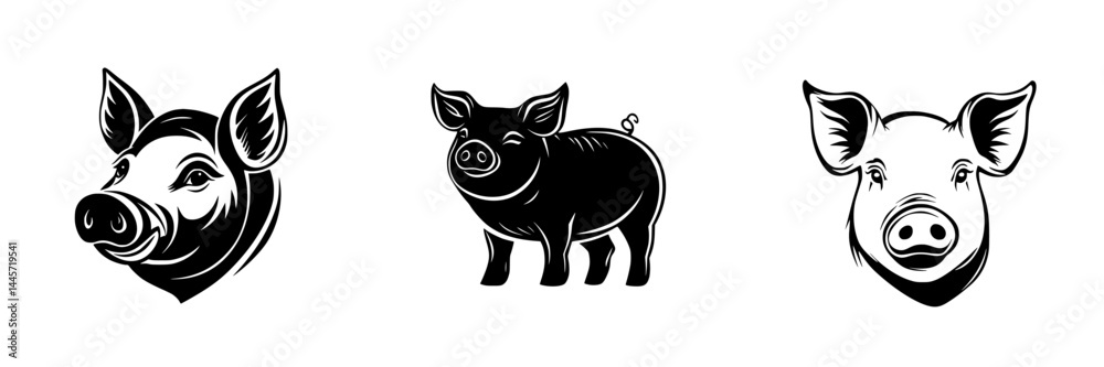 Obraz premium Vector illustration icons of pig heads and a full body pig in black and white design
