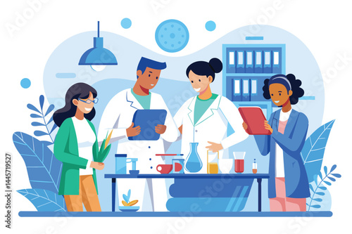 A group of four scientists, including women and men, actively collaborates in a laboratory filled with equipment, plants, and colorful liquids, immersed in research.