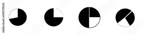 Black and white vector illustration of various pie chart designs showcasing different segments and styles