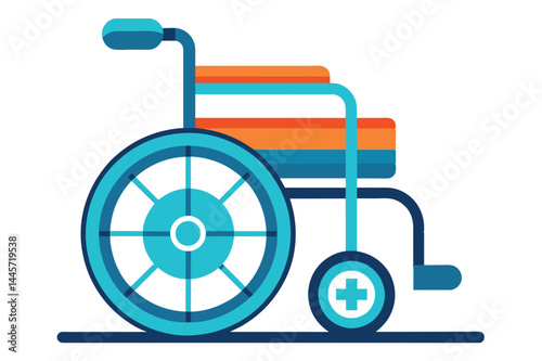 This modern wheelchair features vibrant colors and a medical cross symbol, representing the importance of accessibility and support for individuals with mobility challenges.