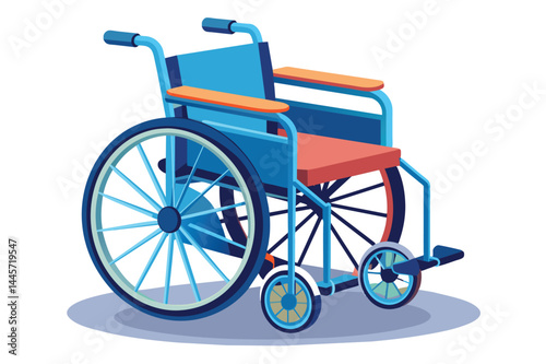 This colorful wheelchair features a sturdy design with blue and red elements, highlighting its functionality for individuals needing mobility assistance in everyday life.