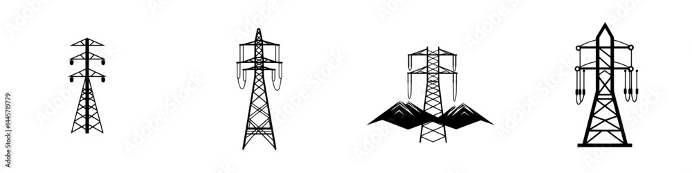 Vector illustration of black and white power line towers in various designs showcasing electrical infrastructure Vector illustration of black and white power line towers in various designs showcasing electrical infrastructure